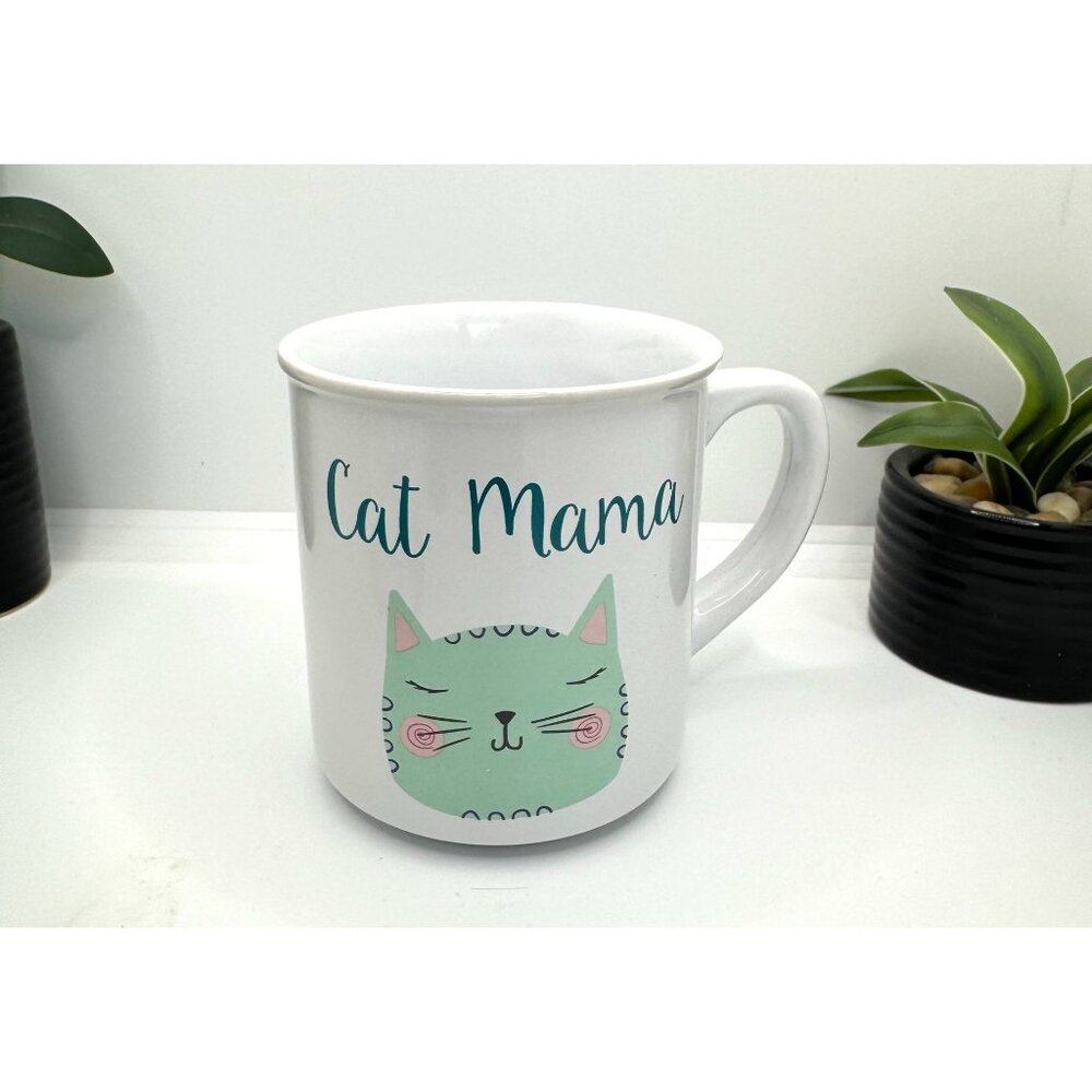 Cat Mama Ceramic Mug With Green Cat Design